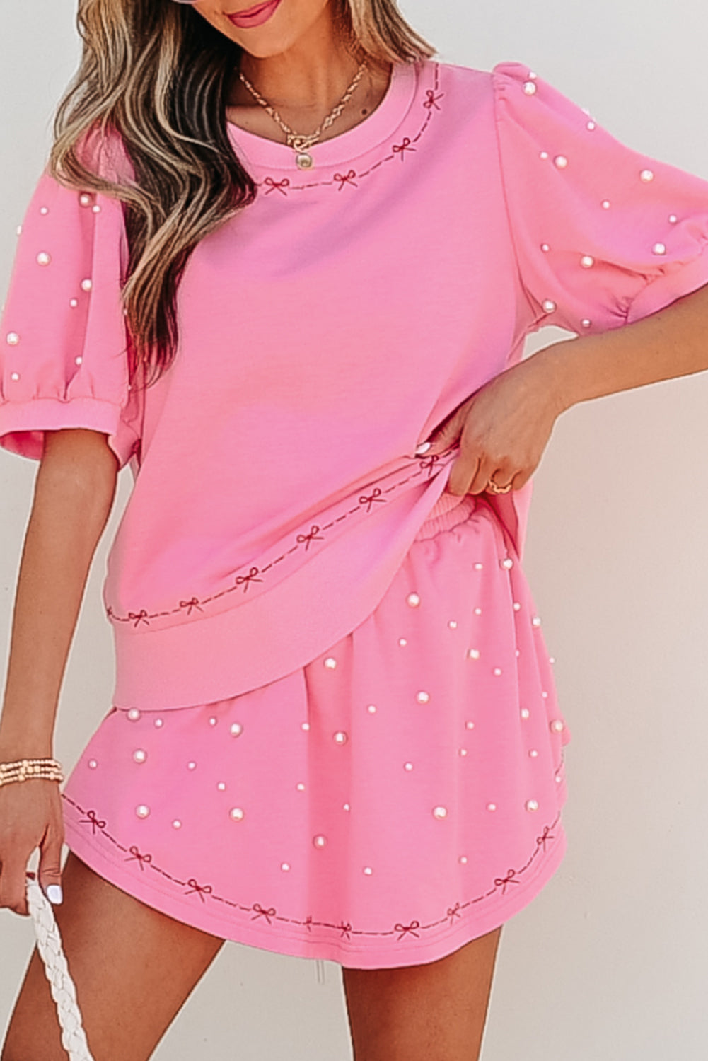 Pink Contrast Bow Trim Pearl Puff Sleeve Top and Skort Co-ord eAura