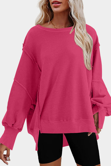 Rose Exposed Seam Drop Shoulder Slit High Low Hem Sweatshirt eAura