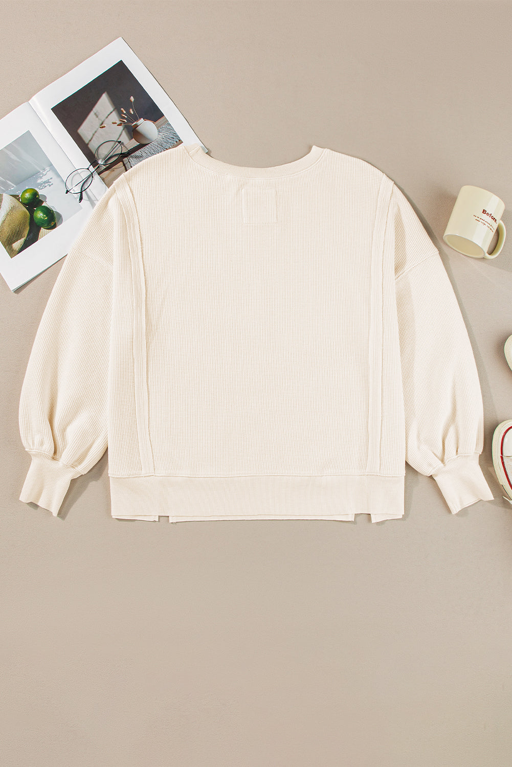 White Waffle knit Bishop Sleeve Split Oversized Top eAura