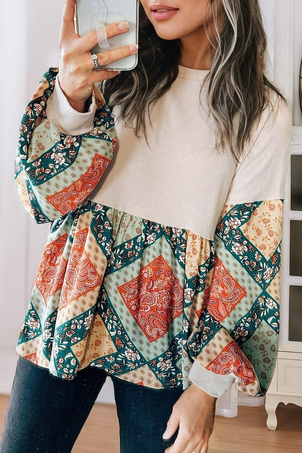 Jet Stream Paisley Geometric Patchwork Crew Neck Loose Fit Top eAura