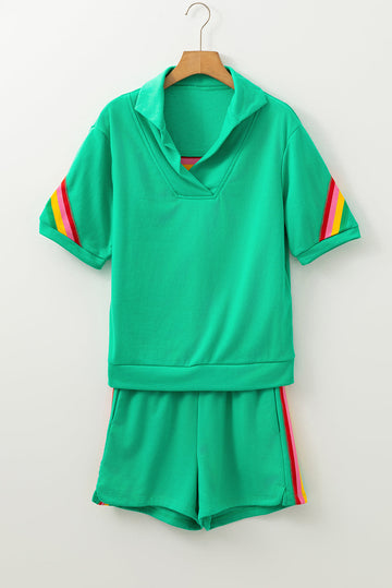 Sea Green Rainbow Colourblock Collared Short Sleeve Top 2 Piece Shorts Set eAura