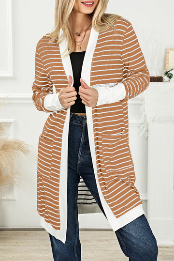 Striped Side Pockets Open Front Cardigan eAura