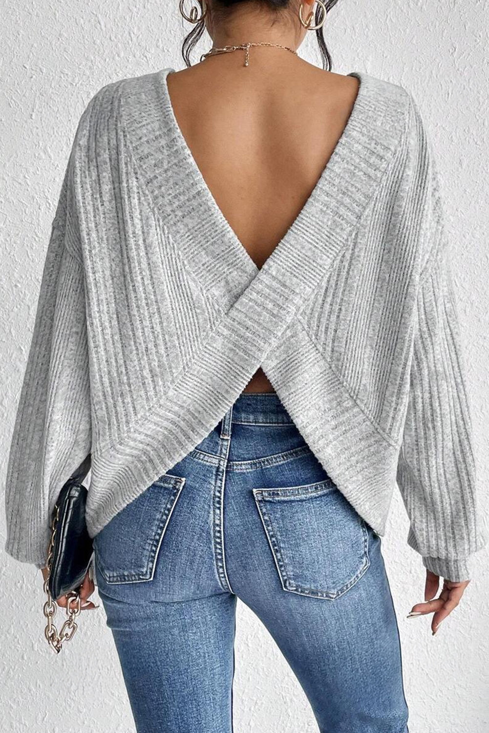 Light Grey Textured Crossover Backless Knit Long Sleeve Top eAura