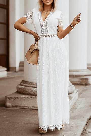 White V Neck High Waist Lace Maxi Dress BB Fashion Outlet