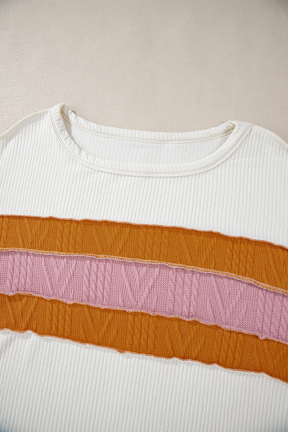 White Ribbed Exposed Seam Knit Patchwork Drop Sleeve Top eAura