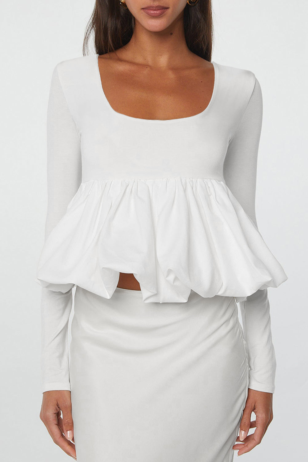 White U Neck Long Sleeve Bubble Hem Top eAura