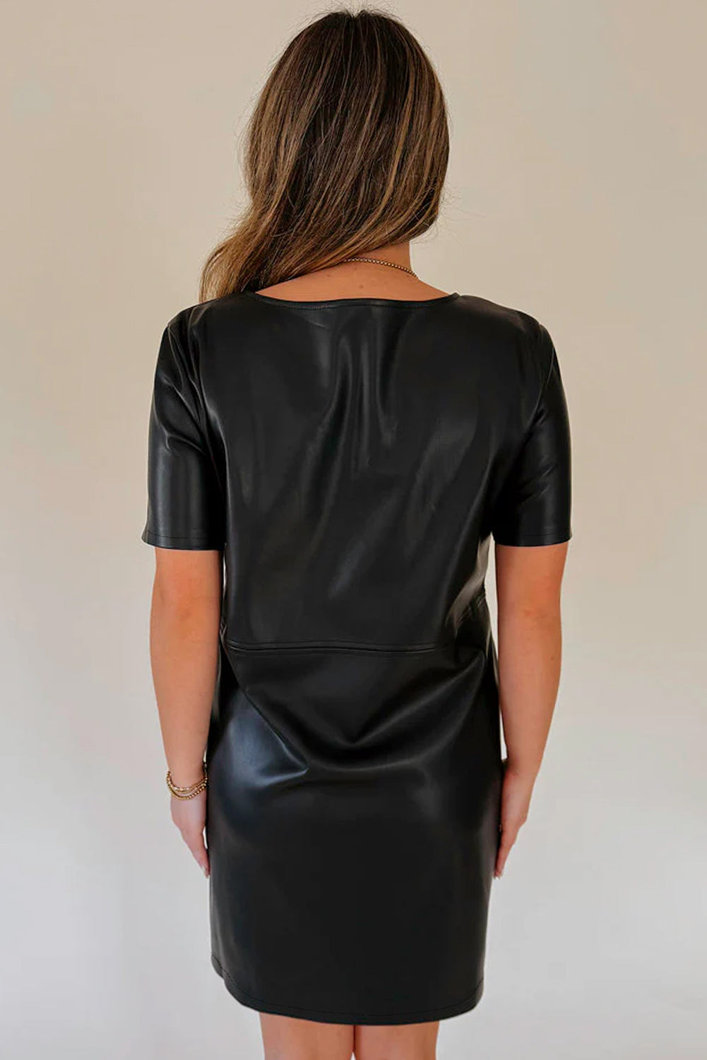 Black Faux Leather Loose T-shirt Dress eAura