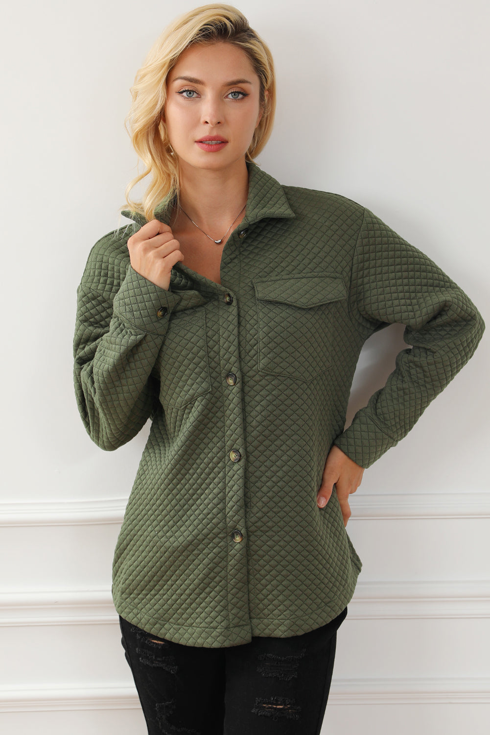 Green Retro Quilted Flap Pocket Button Shacket eAura