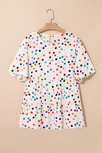 Beige Colourful Polka Dot Print Short Sleeve Ruffled Plus Size Babydoll Blouse BB Fashion Outlet