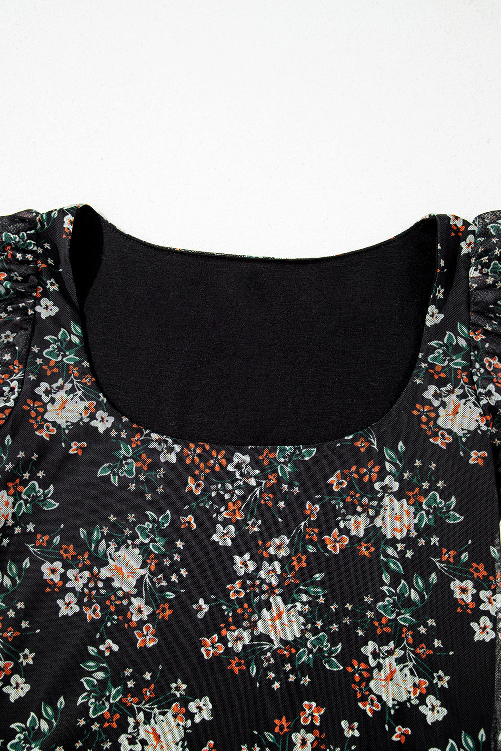 Black Floral Print U Neck Short Puff Sleeve Bodysuit eAura