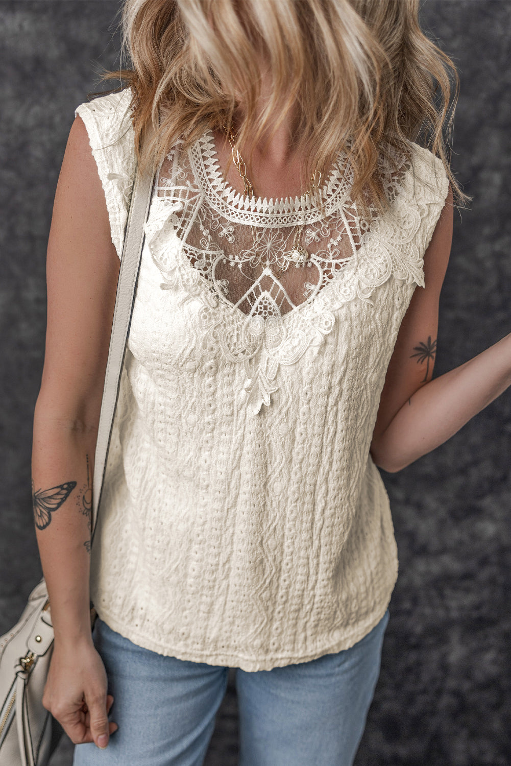 White Guipure Lace Crochet Keyhole Back Tank Top eAura