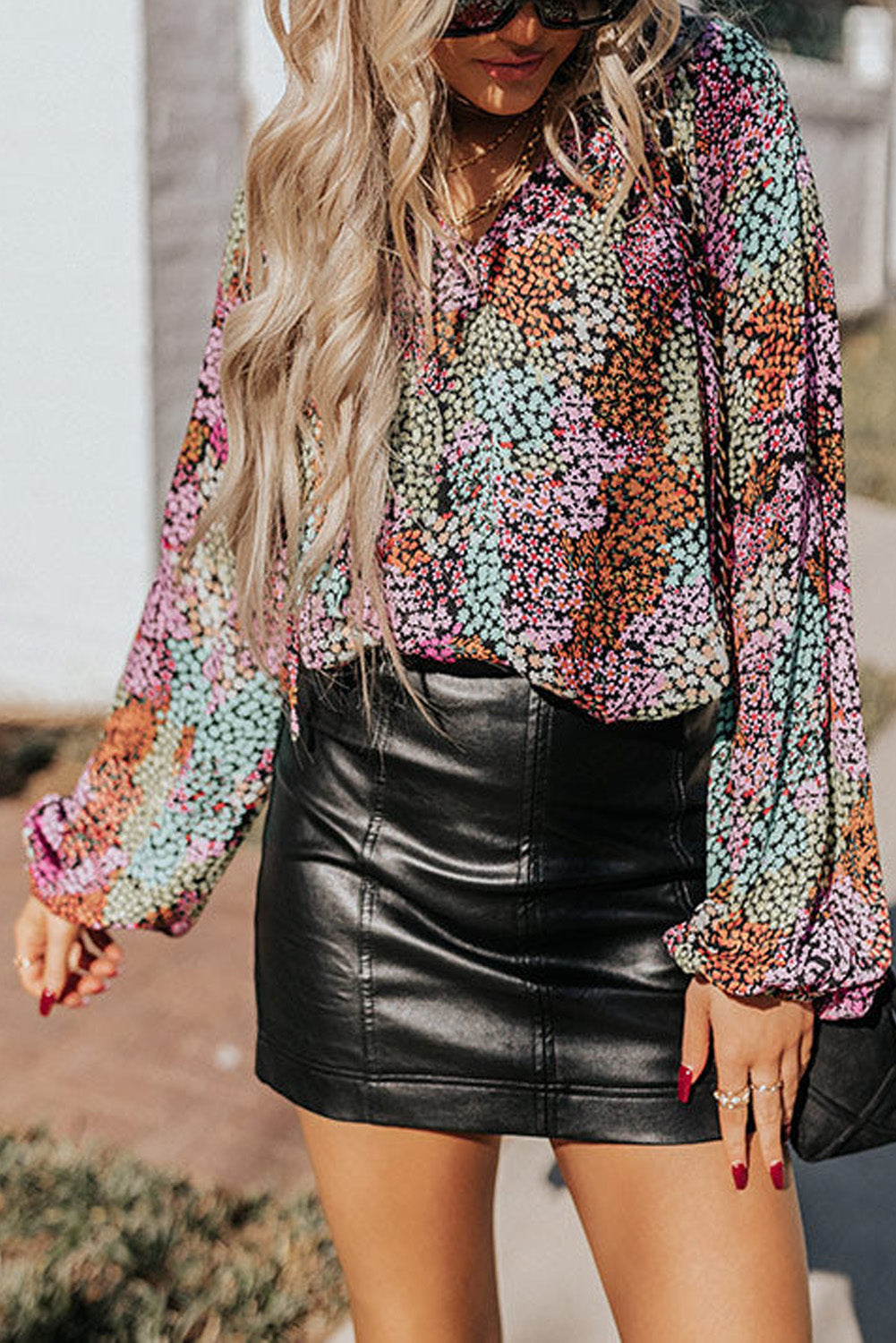 MultiColour Vibrant Floral Tie V Neck Puff Sleeve Blouse eAura
