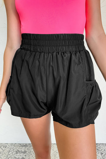 Black Elastic High Waist Pocketed Casual Shorts eAura