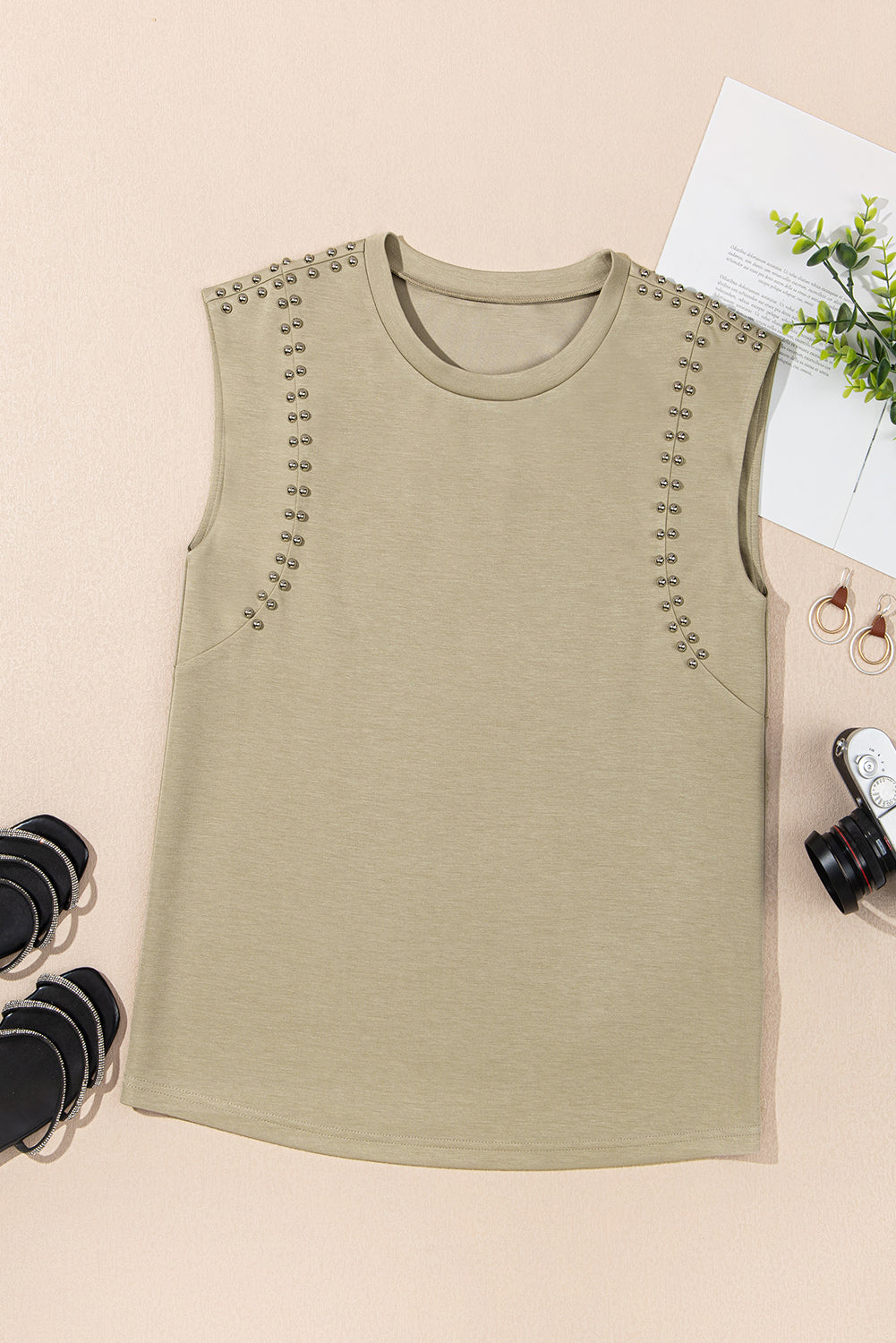 Studded Cap Sleeve Round Neck T Shirt eAura