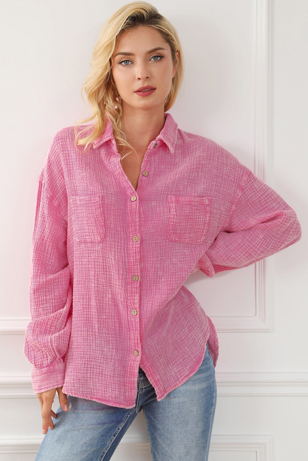 Sky Blue Mineral Wash Crinkle Textured Chest Pockets Shirt eAura