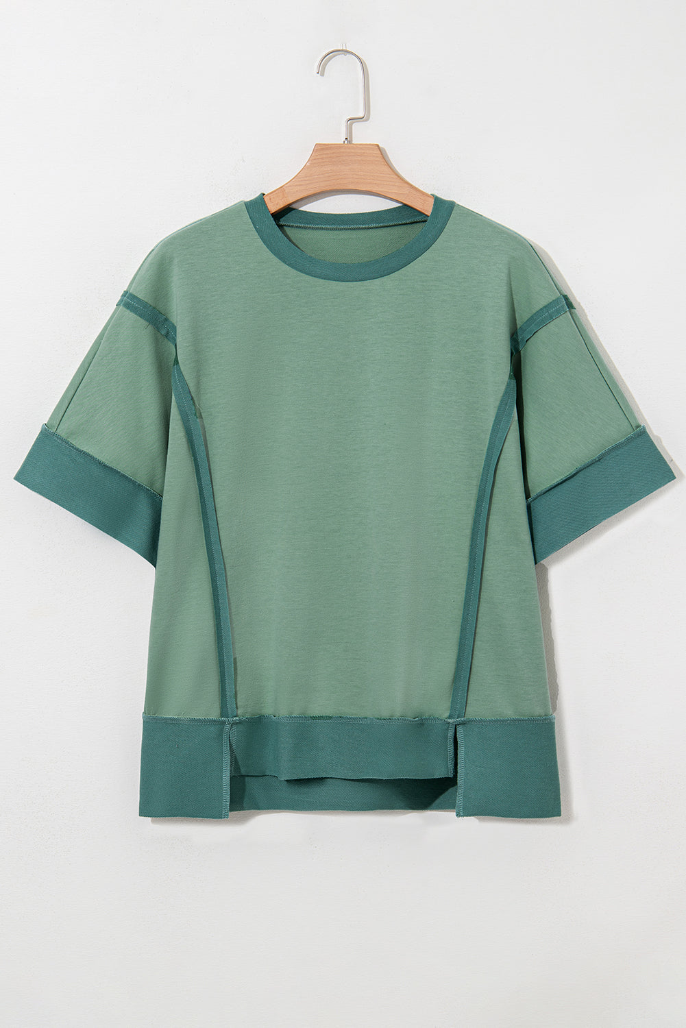 Green Half Sleeve Raw Seam High Low Side Split Top eAura