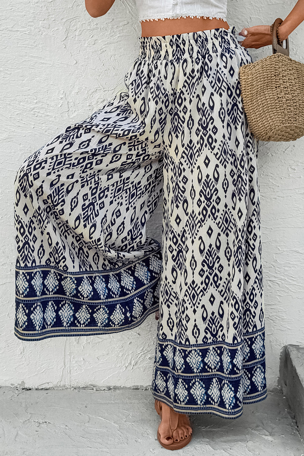 Blue Boho Pattern Print High Waist Wide Leg Loose Trousers eAura