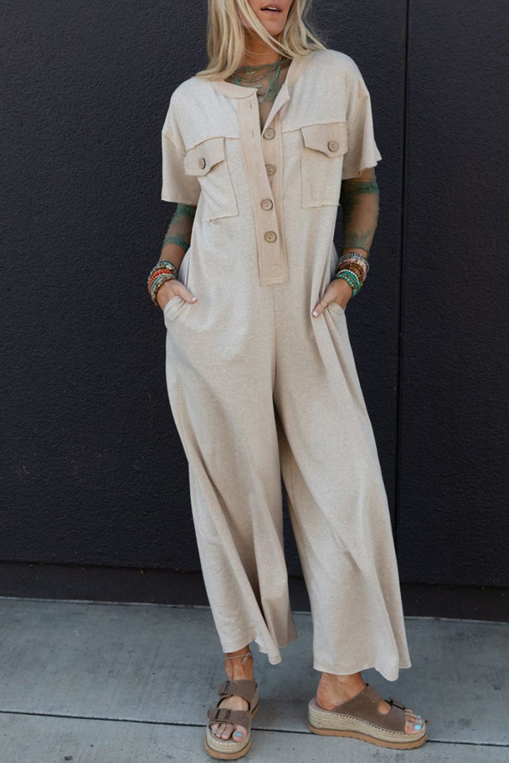 Beige Half Placket Chest Pockets Short Sleeve Wide Leg Jumpsuit eAura