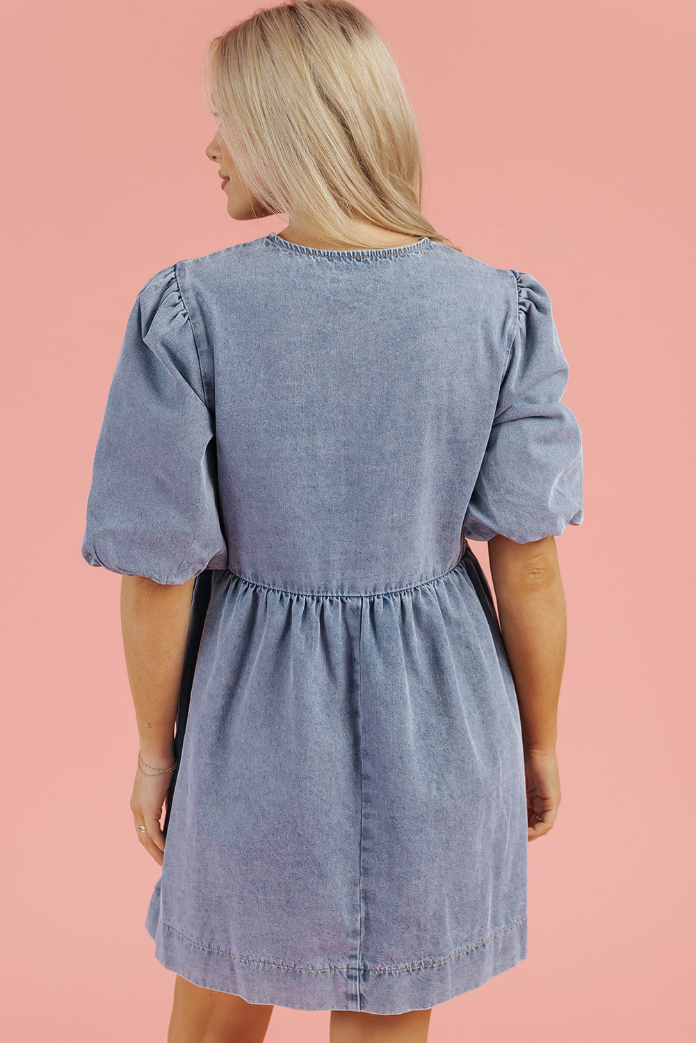 Dusk Blue Bowknot Bubble Sleeve Short Denim Dress eAura