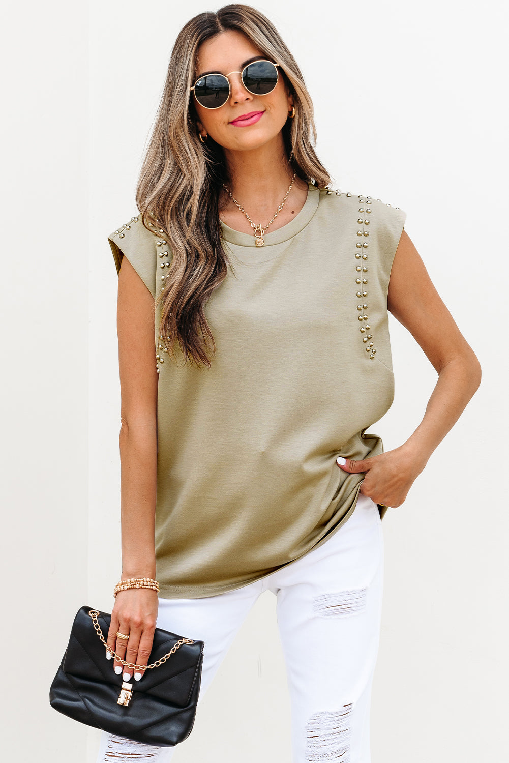 Studded Cap Sleeve Round Neck T Shirt eAura