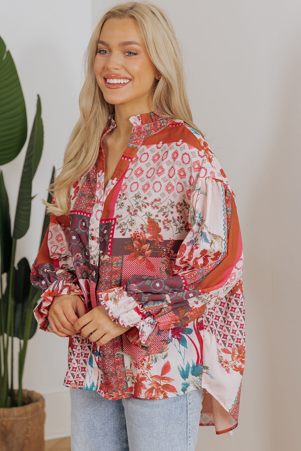 Red Boho Geometric Mixed Print Patchwork Bubble Sleeve Shirt eAura