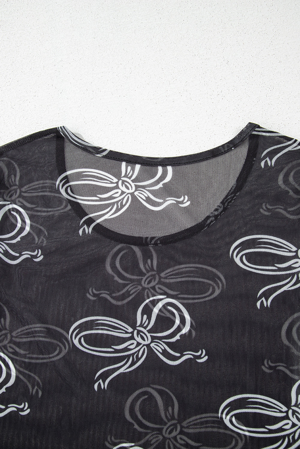 Black Round Neck Bow Print Long Sleeve Mesh Top eAura
