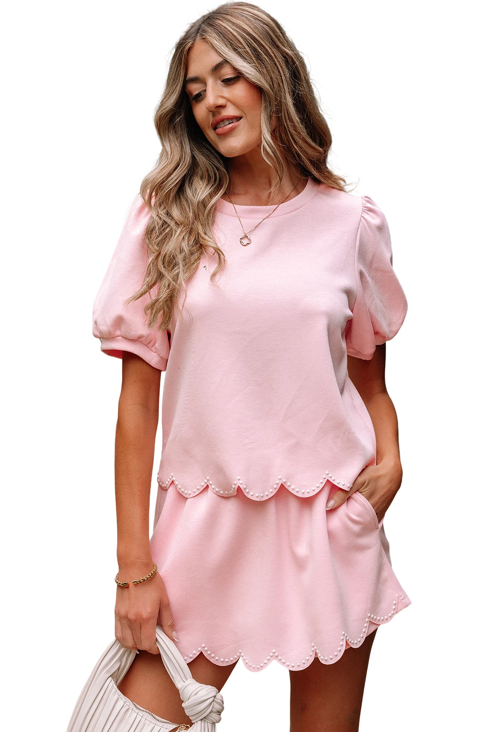 Puff Sleeve Pearl Embellished Scallop Trim Top 2 Piece Skort Co-ord Set eAura