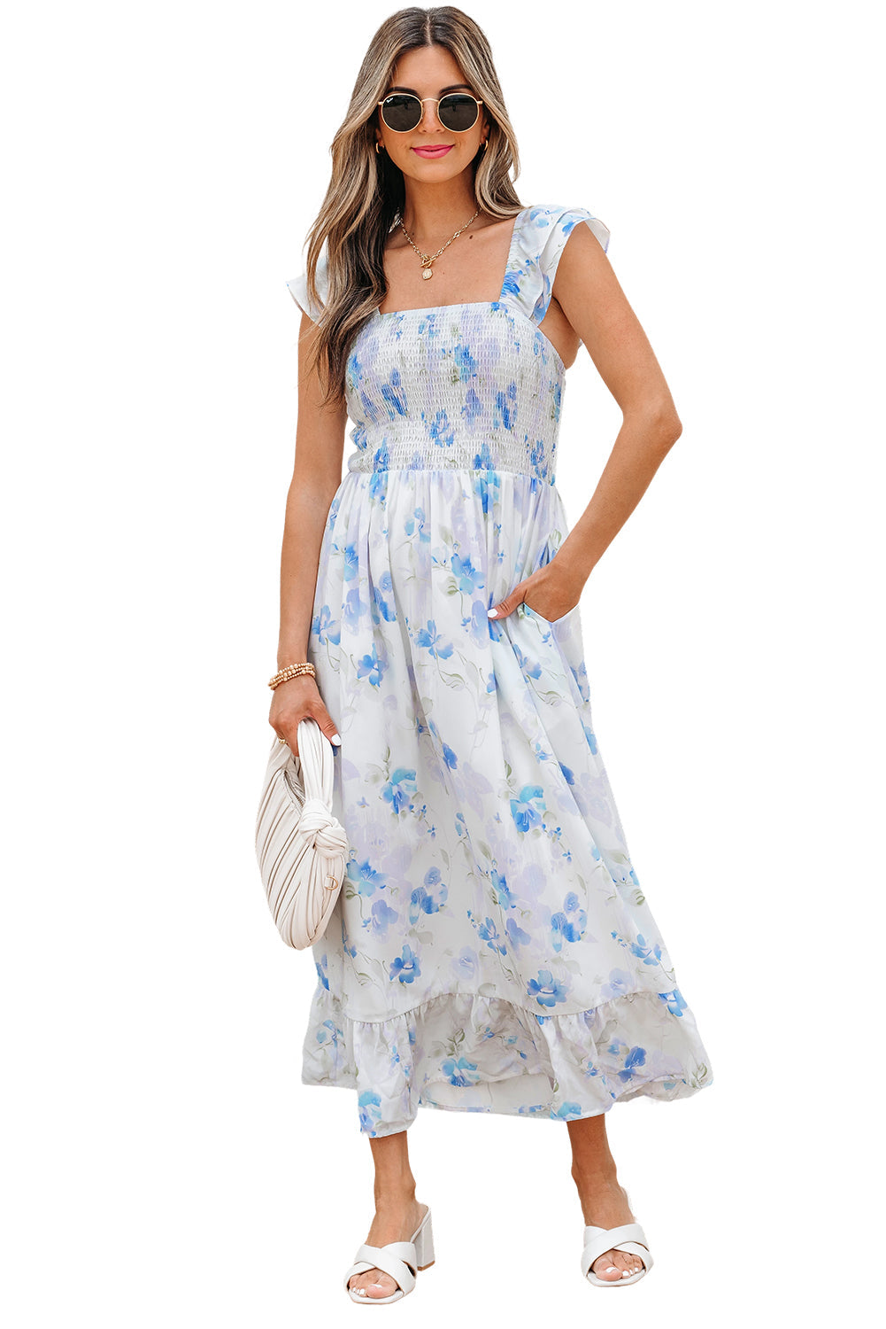 Sky Blue Floral Smocked Ruffle Sleeveless Maxi Dress eAura