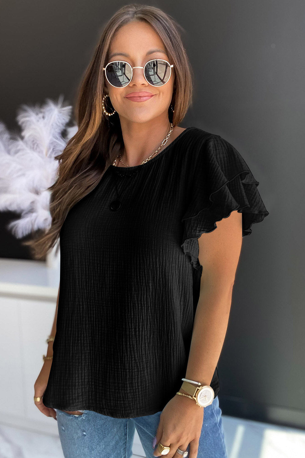 Pink Textured Tiered Ruffled Short Sleeve Blouse eAura