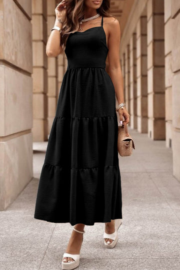 Black Crossover Backless Bodice Tiered Maxi Dress eAura