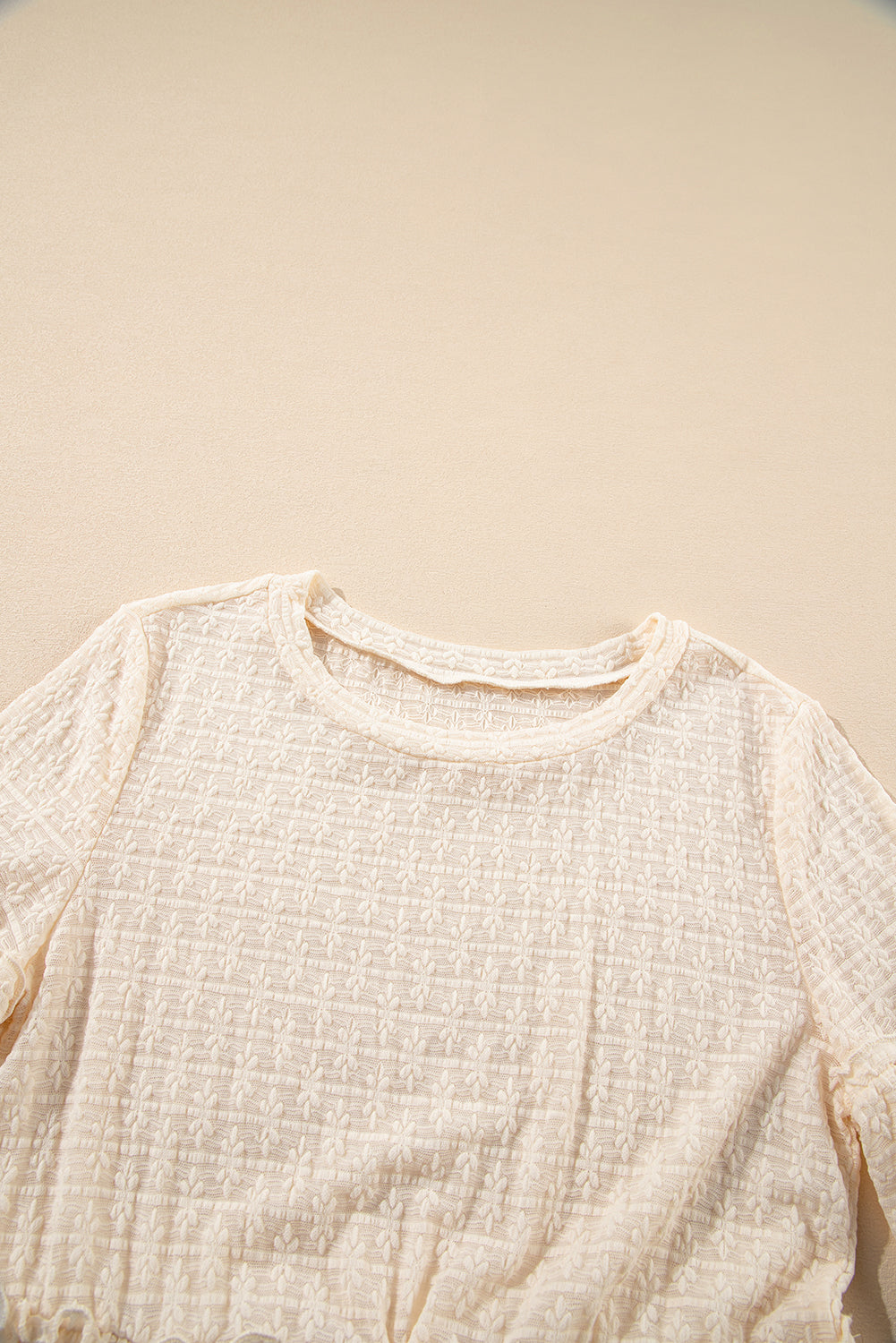 Beige Solid Colour Textured Ruffled Short Sleeve Blouse eAura