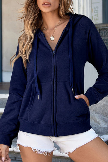 Navy Blue Solid Colour Fleece Lined Zip up Hoodie eAura
