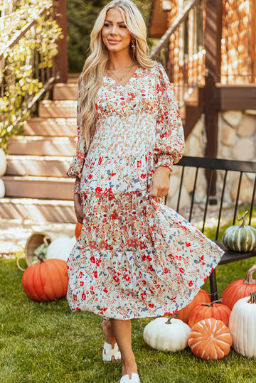 Khaki Floral Print Ruffled Tiered Long Sleeve V Neck Midi Dress BB Fashion Outlet