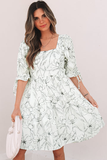 Beige Floral Print Square Neck Shirred Back Puff Sleeve Mini Dress eAura