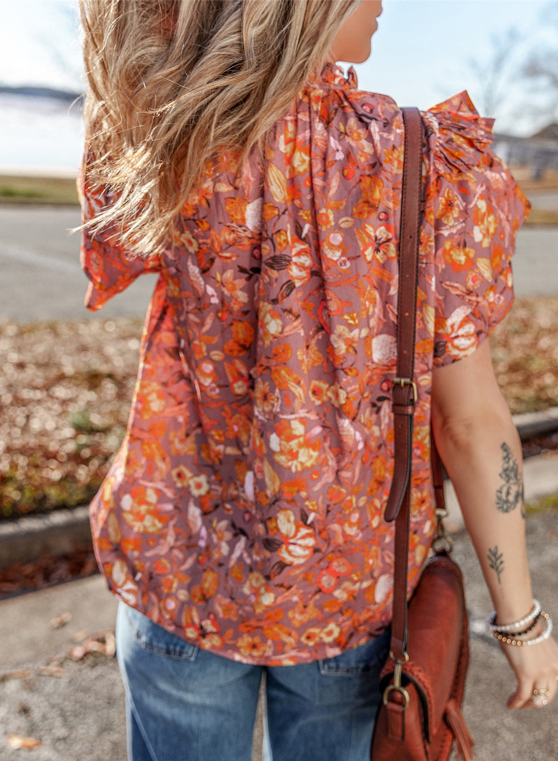 Orange Floral Print Ruffled Flutter Sleeve Frilled V Neck Blouse eAura