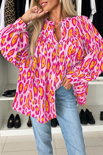 Rose Red Oversized Leopard Print Balloon Sleeve Casual Shirt eAura
