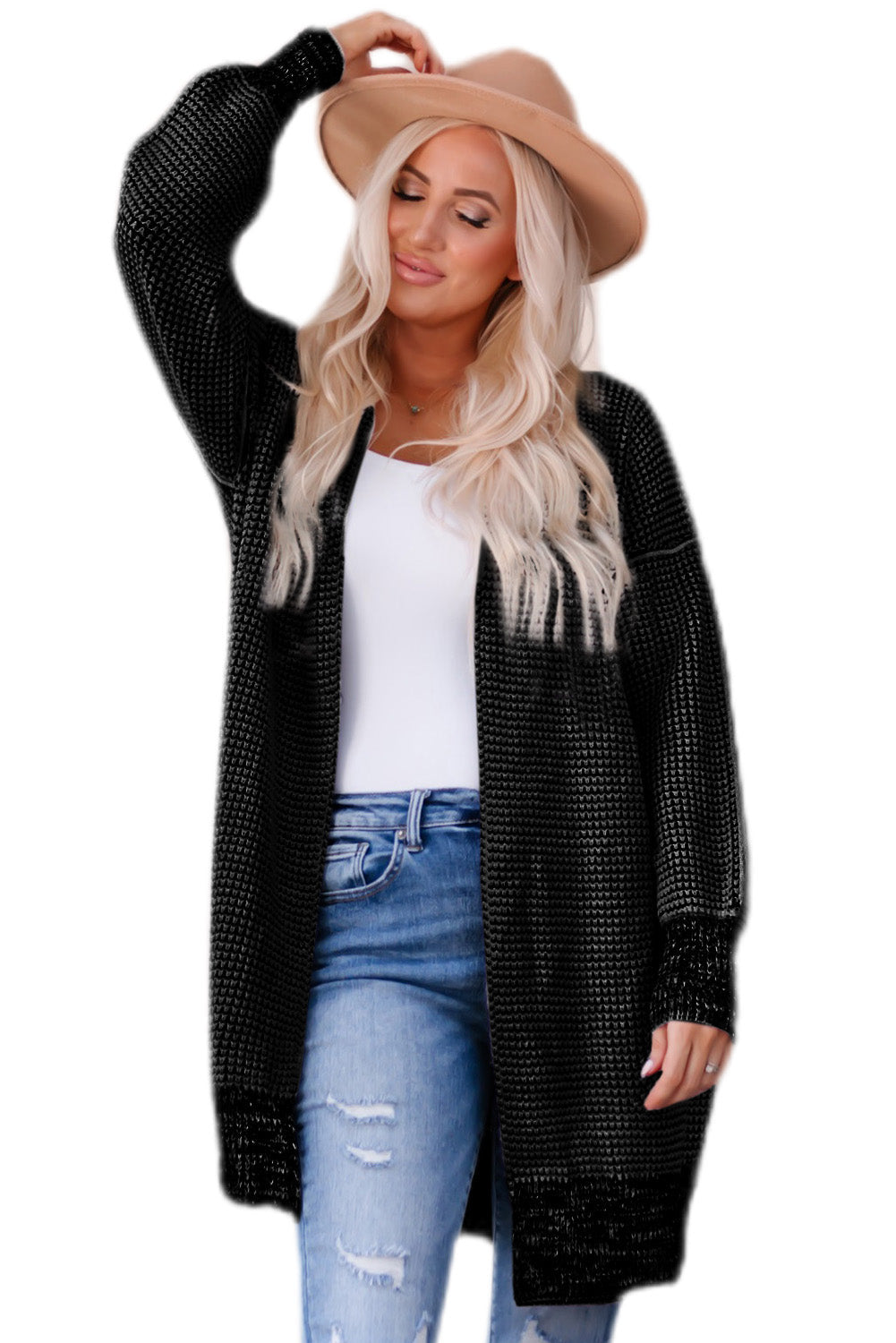Apricot Plaid Knitted Long Open Front Cardigan eAura