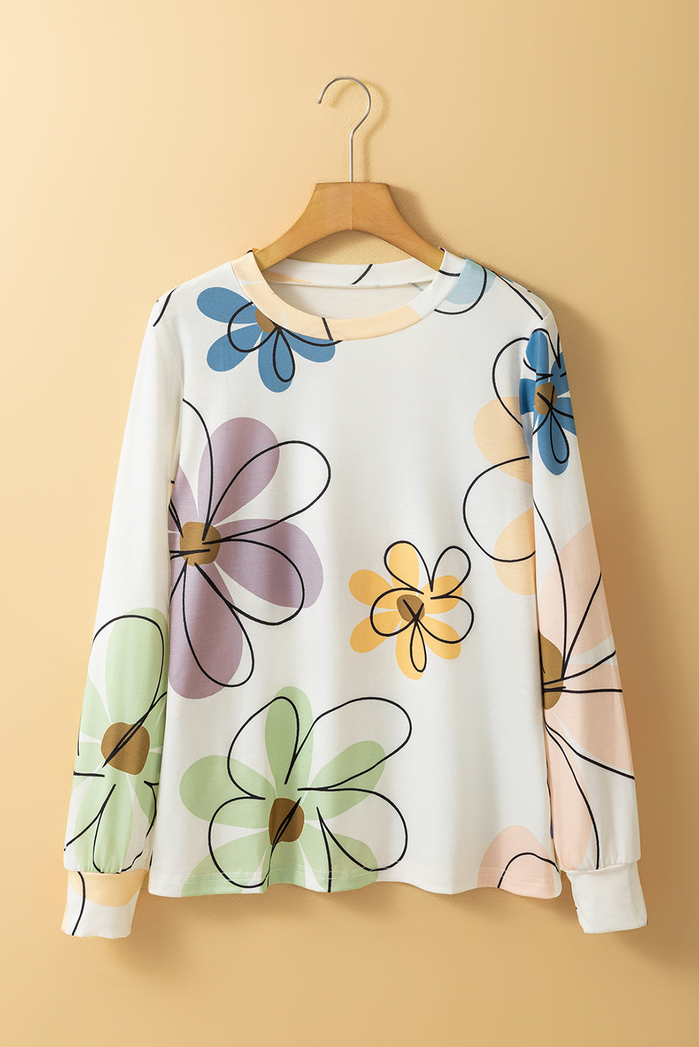 Beige Flower Print Crew Neck Long Sleeve T Shirt eAura