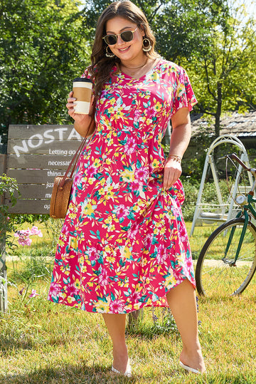 Pink Floral Print V Neck Pocketed High Waist Plus Size Midi Dress BB Fashion Outlet