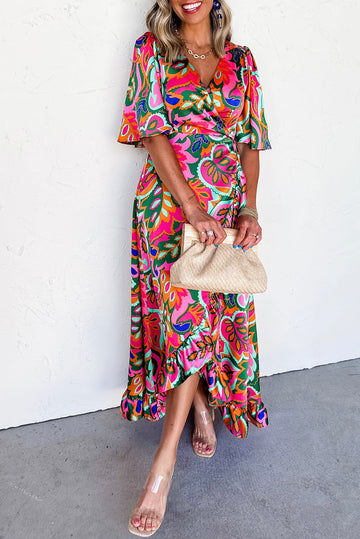 Summer Plant Print V-Neck Ruffled Maxi Dress BB Fashion Outlet