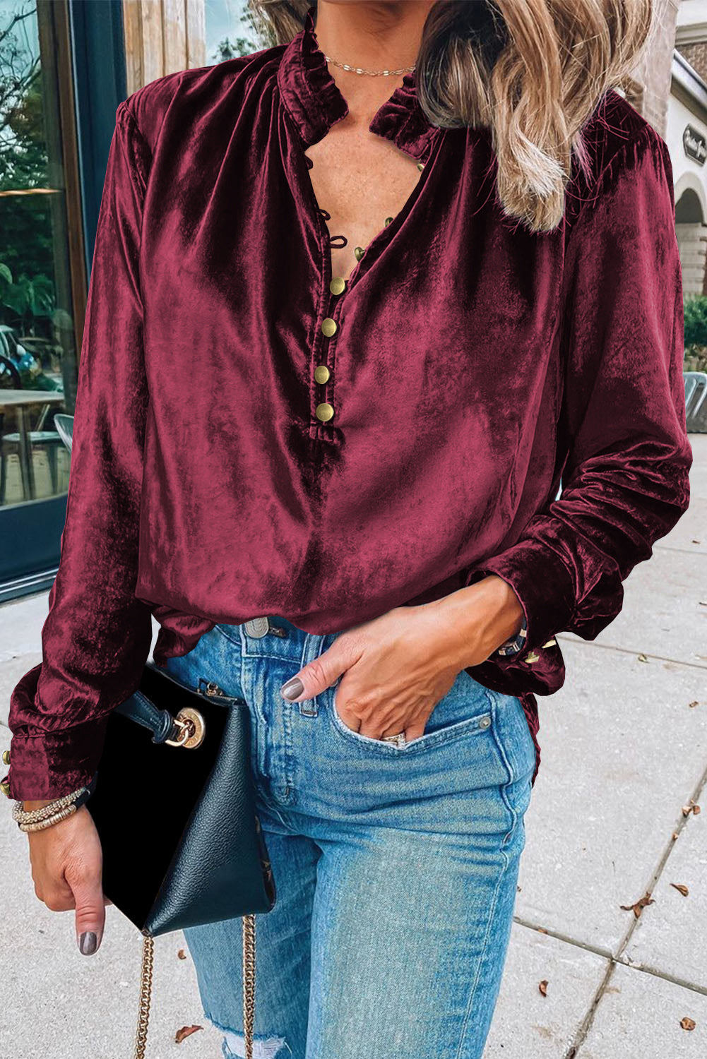 Burgundy Frilled Neck Buttoned Front Velvet Top eAura