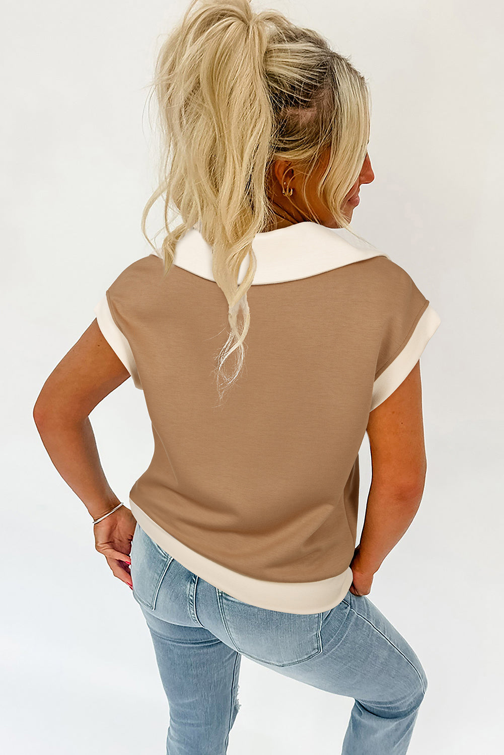 Simply Taupe Half Zipper Collared Colourblock Short Sleeve Top eAura