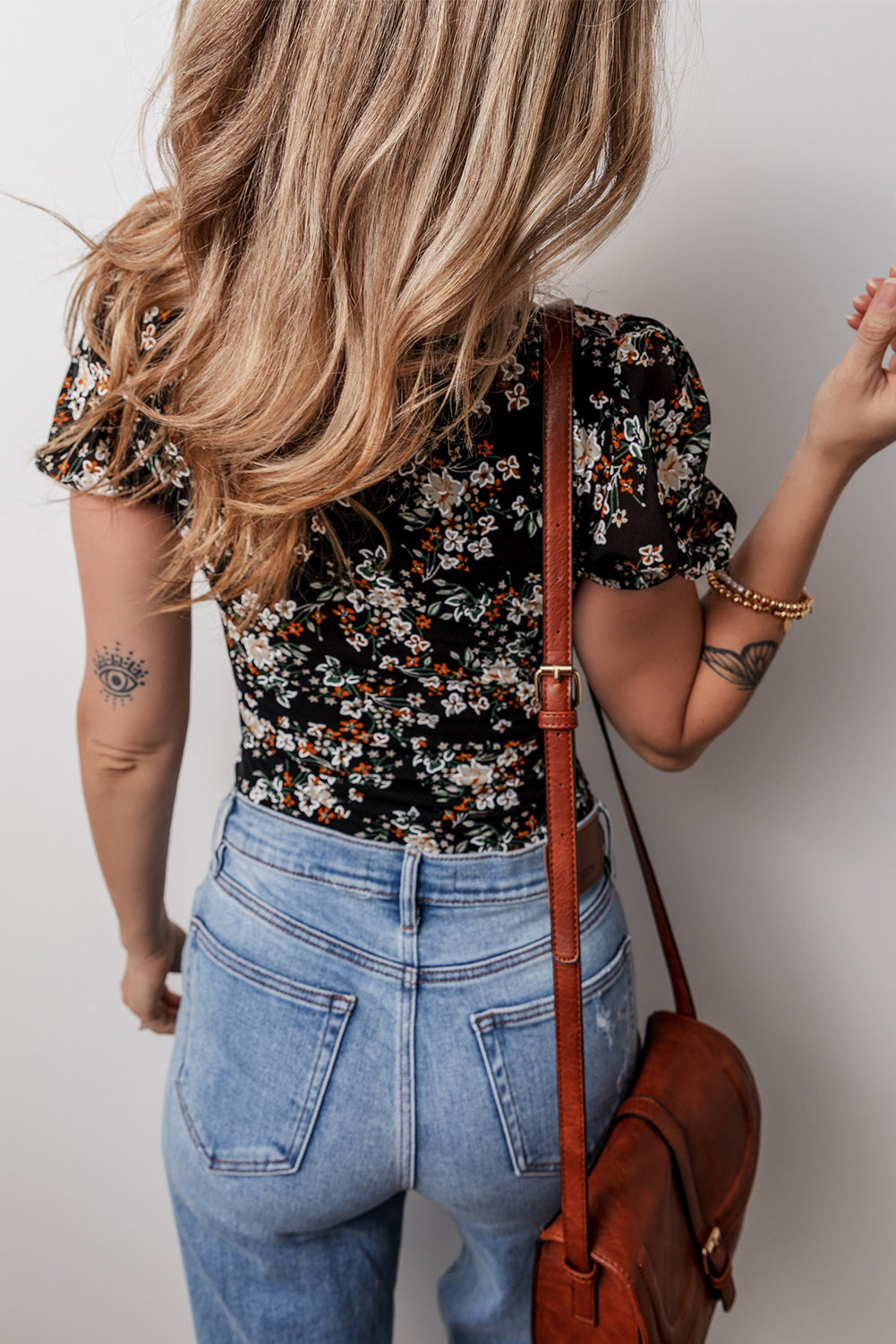 Black Floral Print U Neck Short Puff Sleeve Bodysuit eAura