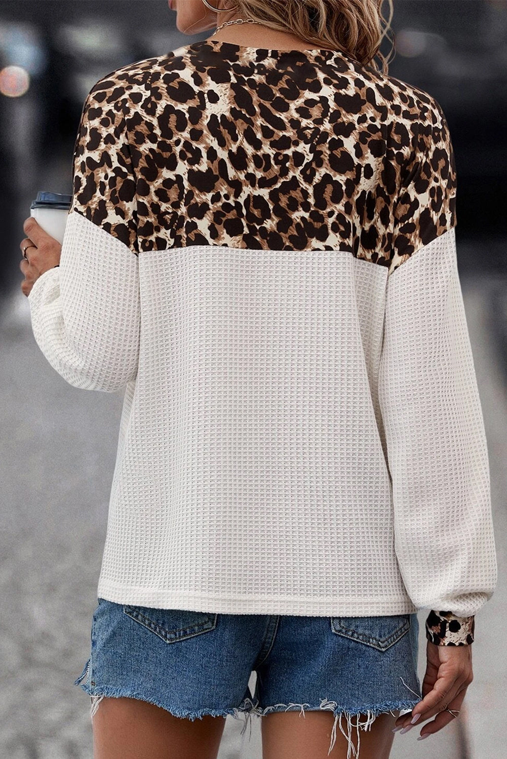 White Leopard Waffle Knit Patchwork Button V Neck Top eAura
