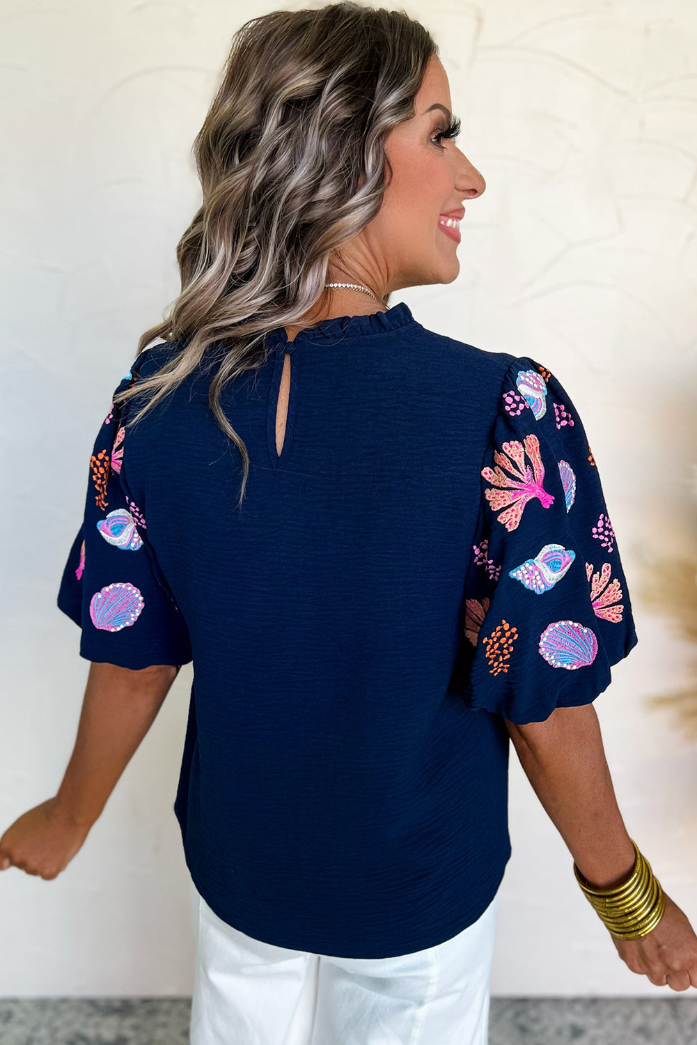 Sail Blue Shellfish Coral Embroidery Puff Sleeve Frilled Neck Blouse eAura