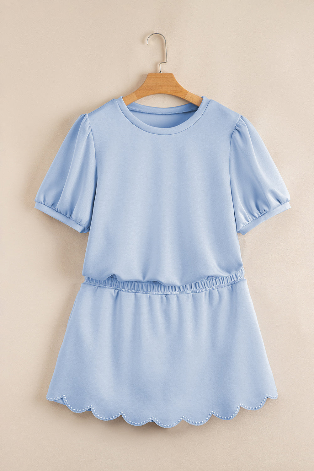 Puff Sleeve Pearl Embellished Scallop Trim Top 2 Piece Skort Co-ord Set eAura