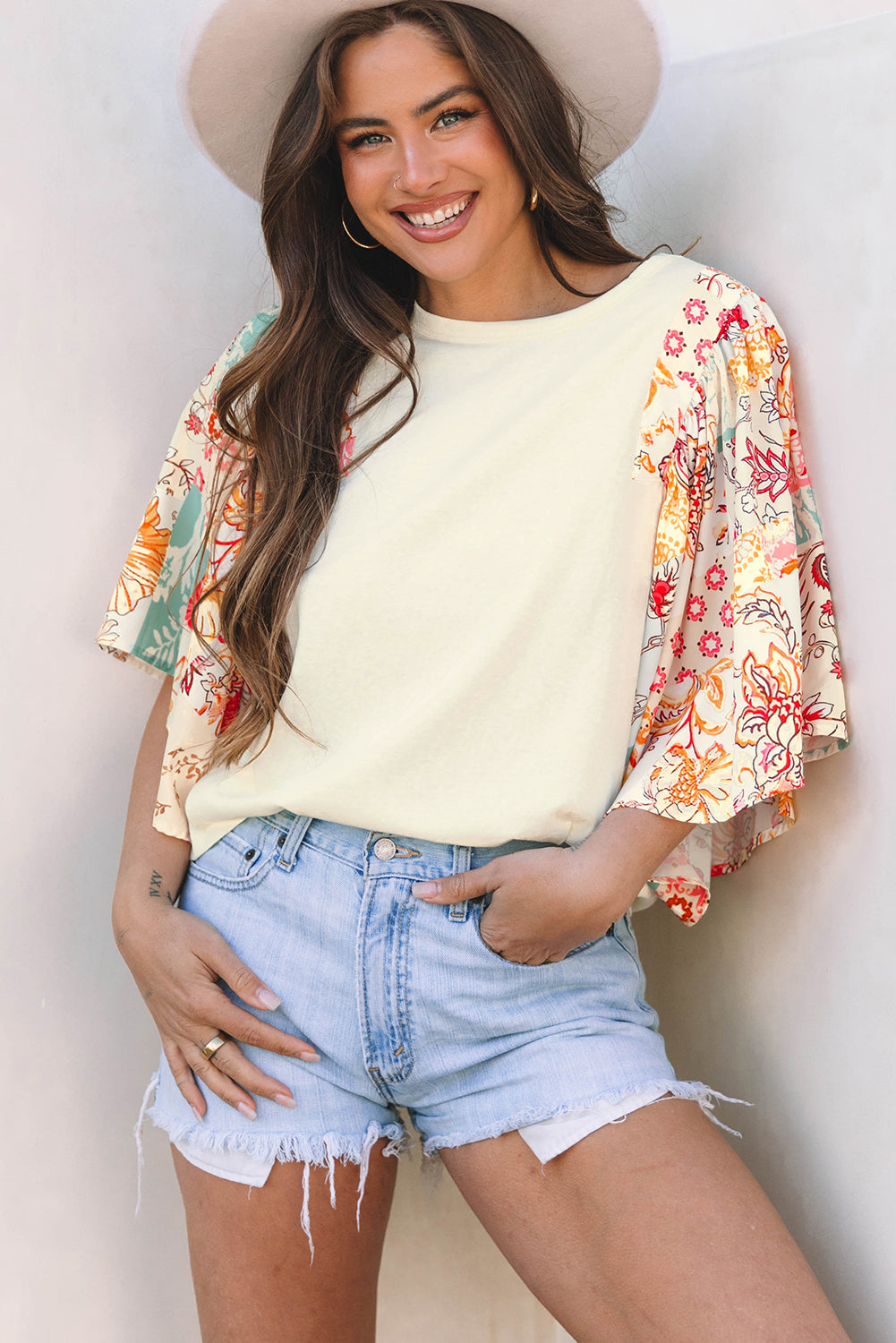 Beige Floral Patchwork Half Batwing Sleeve Blouse eAura