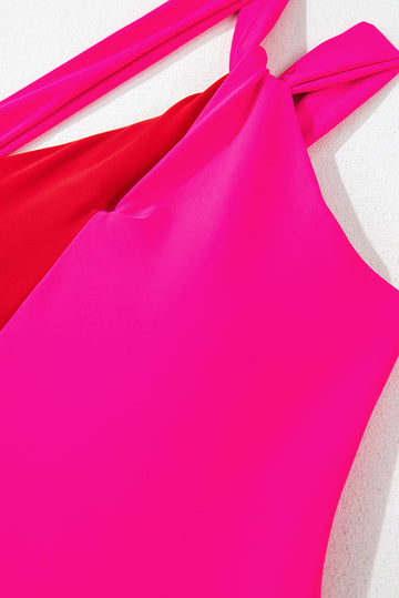 Rose Red Knotted One Shoulder Two Tones Backless One Piece Swimsuit eAura