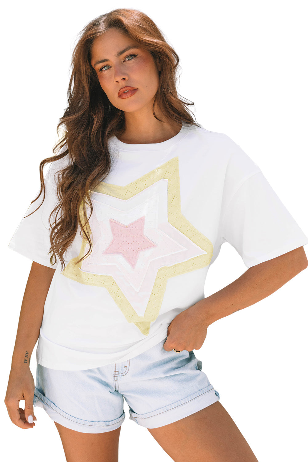White Star Layered Patched Graphic Drop Shoulder Half Sleeve Loose Tee eAura