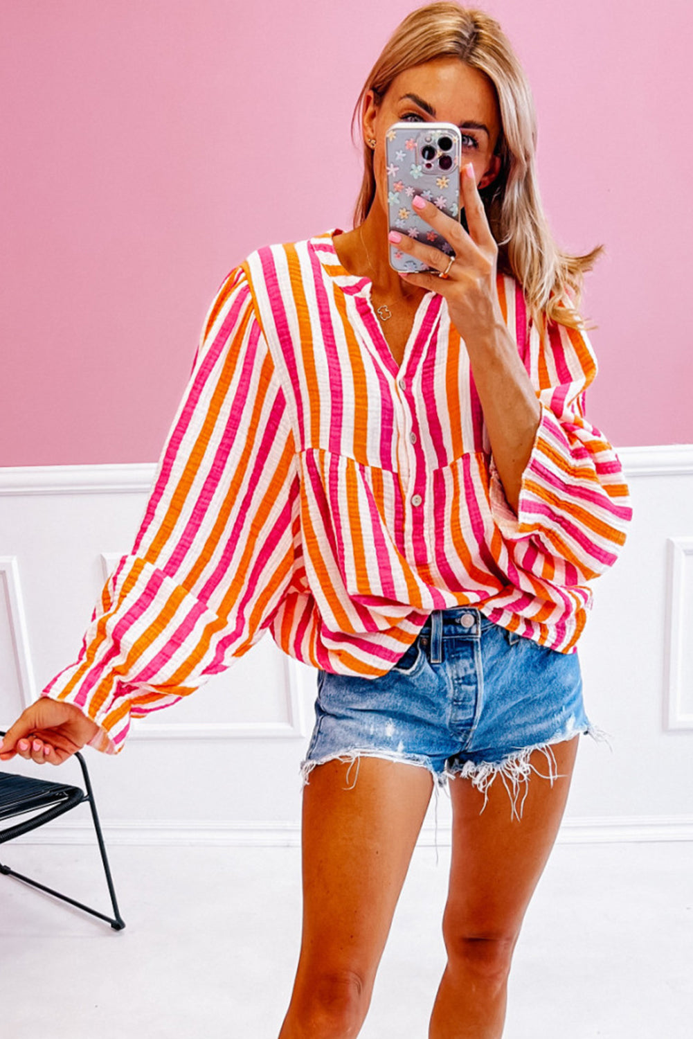 Orange Stripe Balloon Sleeve Notched V Neck Buttoned Front Blouse eAura
